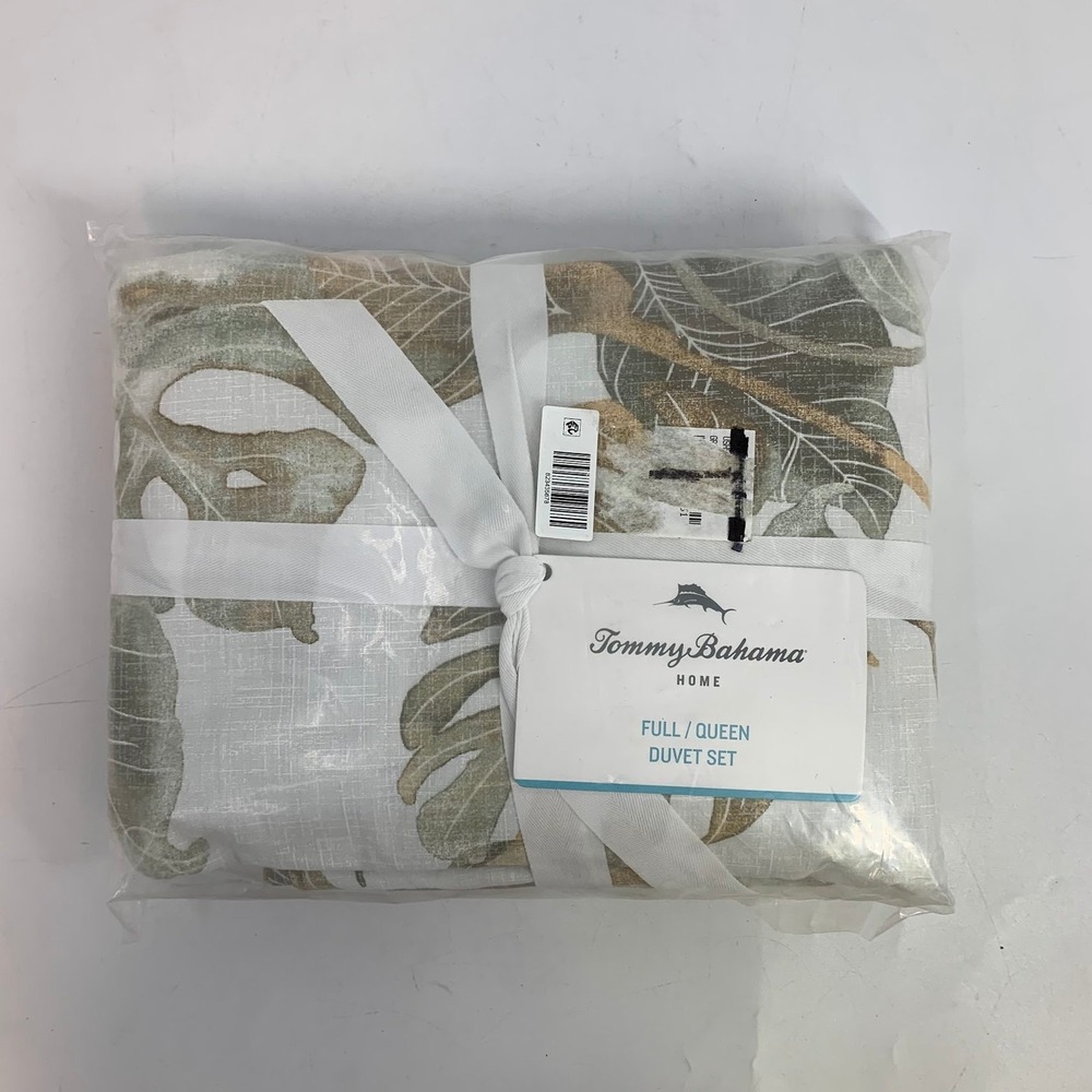 Tommy Bahama Home Full/Queen Duvet Cover Set Green & Beige Leaf Pattern